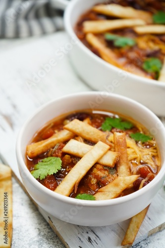 Tortilla Soup with Chili, selective focus