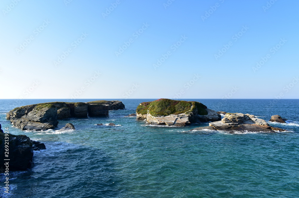 Fototapeta premium Coast with small rock islands with grass and violet flowers. Ribadeo, Spain.