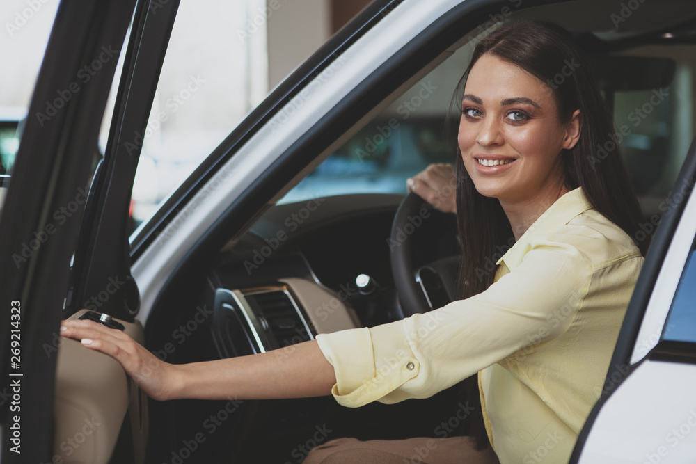 Young attractive dark haired woman smiling to the camera over her shoulder, sitting in a new automobile at the dealership. Beautiful woman buying new car at the salon, copy space