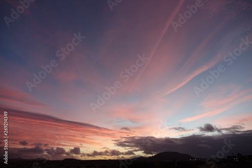 Beautiful pink sky over the natural park in Corralejo,Fuerteventura,Spain