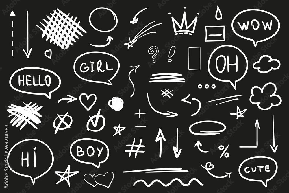 Hand drawn abstract signs and shapes on black. Grungy symbols with array of lines. Stroke chaotic patterns. Black and white illustration. Sketchy elements for design