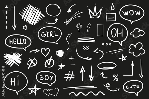 Hand drawn abstract signs and shapes on black. Grungy symbols with array of lines. Stroke chaotic patterns. Black and white illustration. Sketchy elements for design