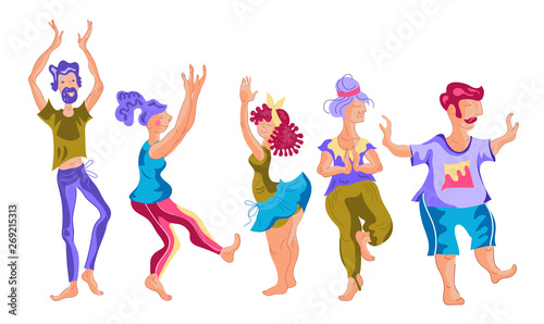 A group of people, men and women of different ages and shapes, performing sports exercises vector illustration. Body positive and daily feasible activity for all people, regardless of weight concept.