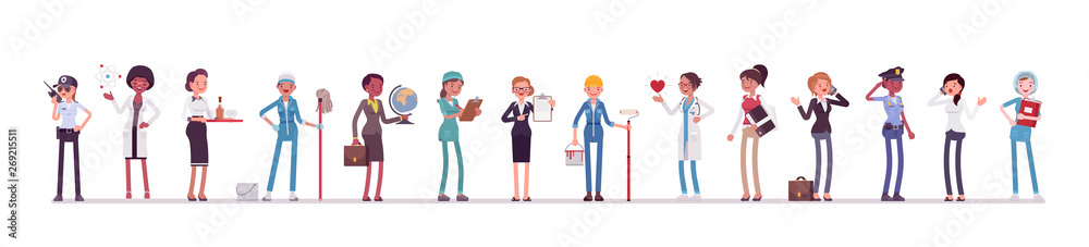 Different female professions and business. Working people, women in occupation standing together, employee union, career. Vector flat style cartoon illustration isolated, white background, full length