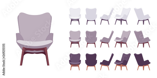 Retro armchair set. Soft upholstery chair, comfortable seat, lobby, lounge room, living, bedroom furniture. Vector flat style cartoon illustration isolated on white background, different views, color
