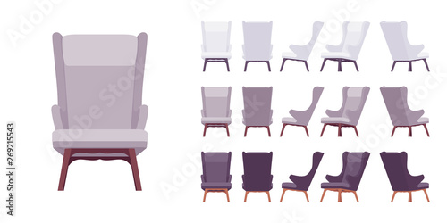 Retro soft armchair set. Lounge chair, interior decor for living room, bedroom, reception room or office. Vector flat style cartoon illustration isolated on white background, different views and color