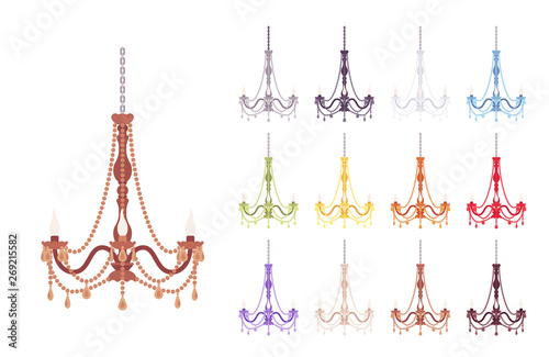 Chandelier lamp elegant set. Crystal glass, vintage lighting, metal pendant decor for bedroom, dining room. Vector flat style cartoon illustration isolated on white background, different views, color