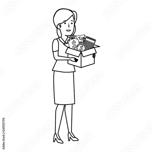 young businesswoman with box business items