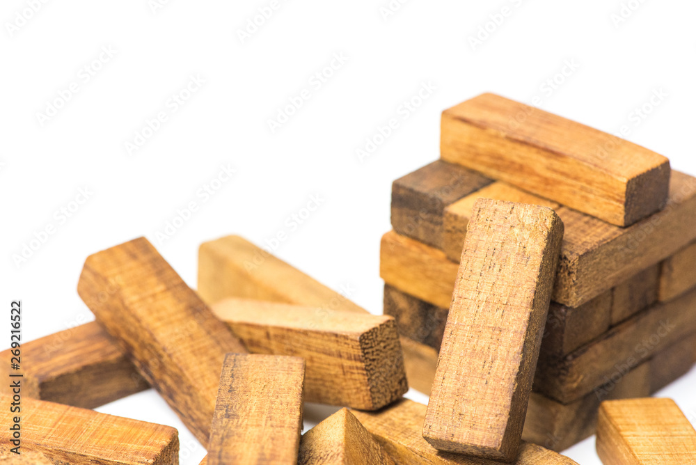 Jenga game, The tower from wooden blocks from the top view, Jenga. Concept : Business, contruction, engineering, planning.