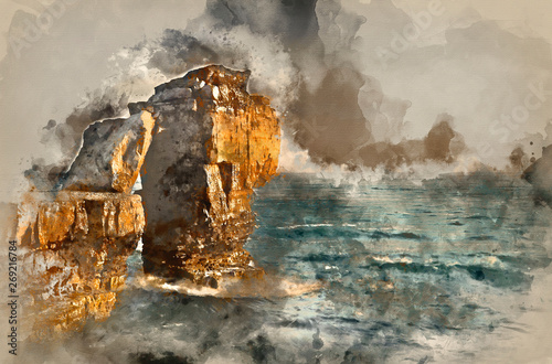 Watercolor painting of Stunning geological rock cliff formations with waves crashing into them as tide goes out