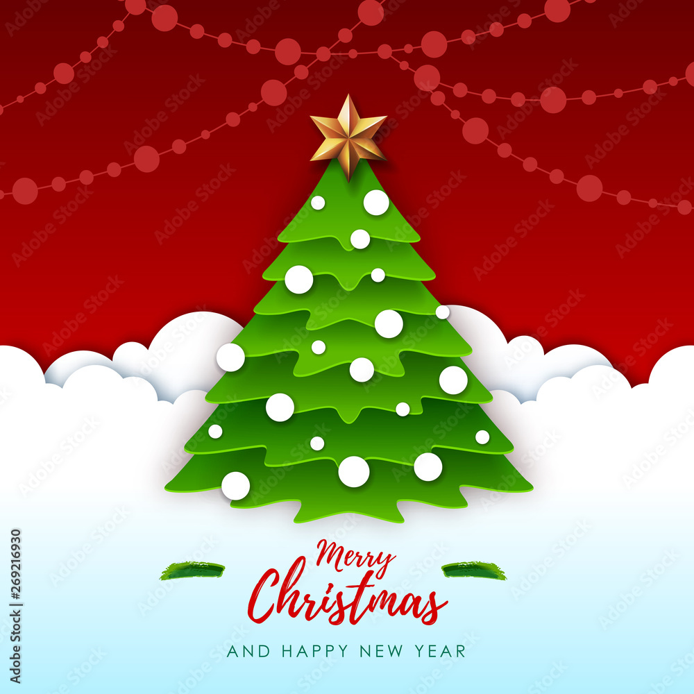 Vector illustration of Merry Christmas greeting card with christmas tree. Origami. Cut out paper art style design