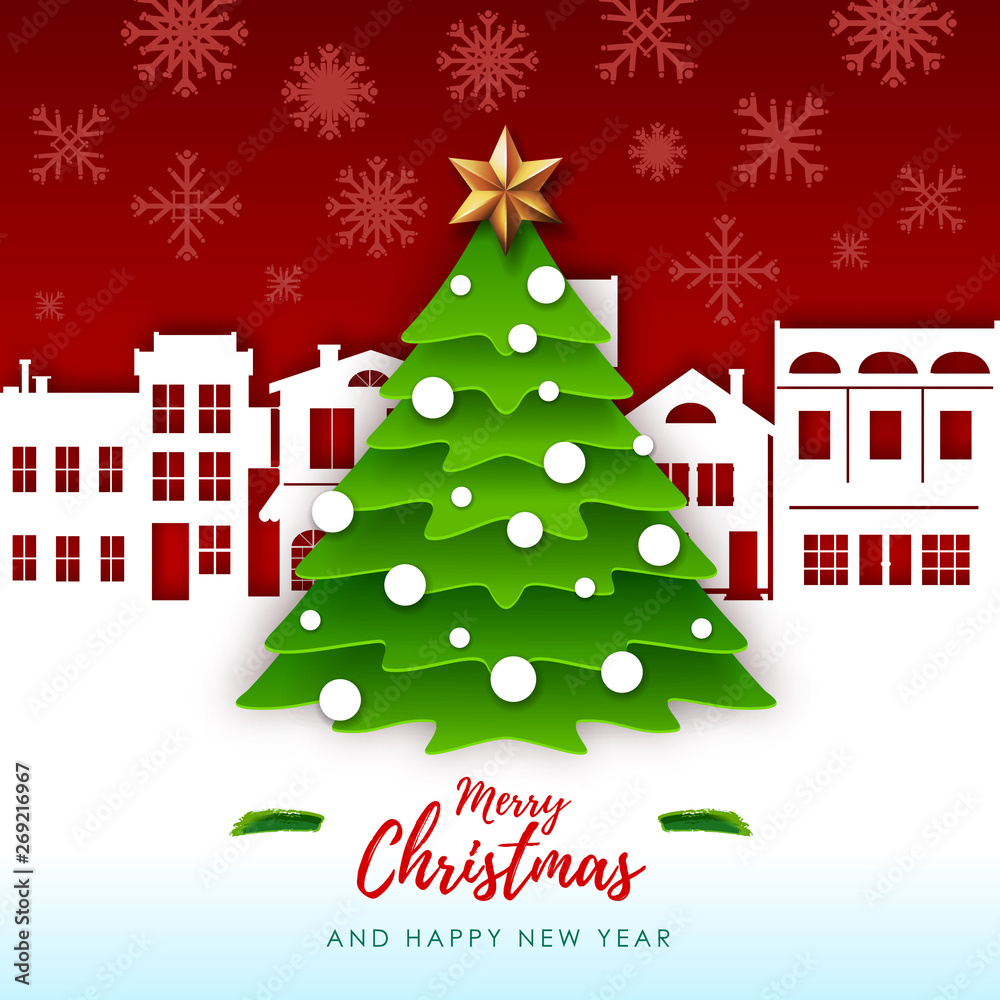 Vector illustration of Merry Christmas greeting card with christmas tree. Origami. Cut out paper art style design