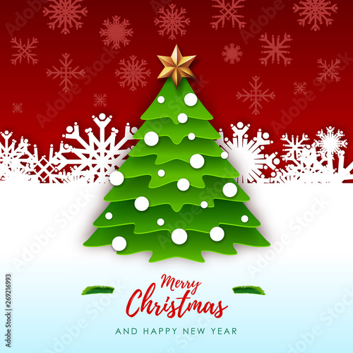Vector illustration of Merry Christmas greeting card with christmas tree. Origami. Cut out paper art style design
