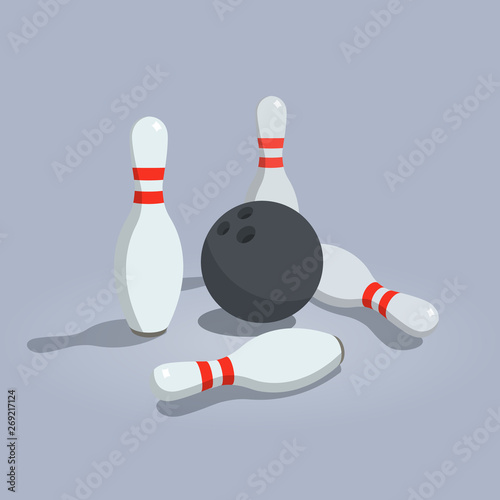 Illustration of skittles and bowling ball isolated on light background with transparent shadows.