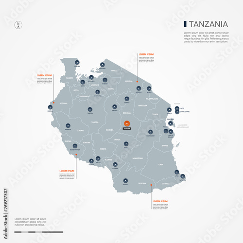 Tanzania map with borders, cities, capital and administrative divisions. Infographic vector map. Editable layers clearly labeled.