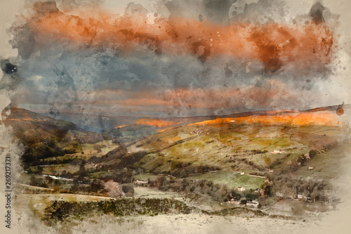 Watercolor painting of Sunrise over Gunnerside in Swaledale in Yorkshire Dales National Park