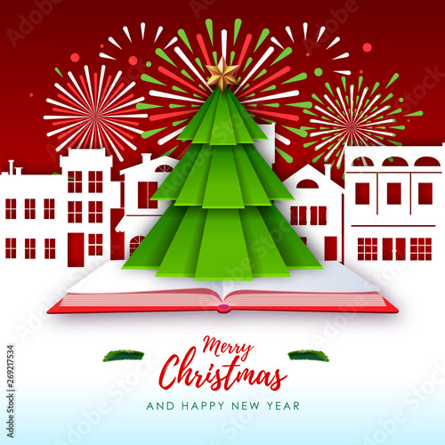 Vector illustration of Merry Christmas greeting card with christmas tree and holiday firework. Origami. Cut out paper art style design