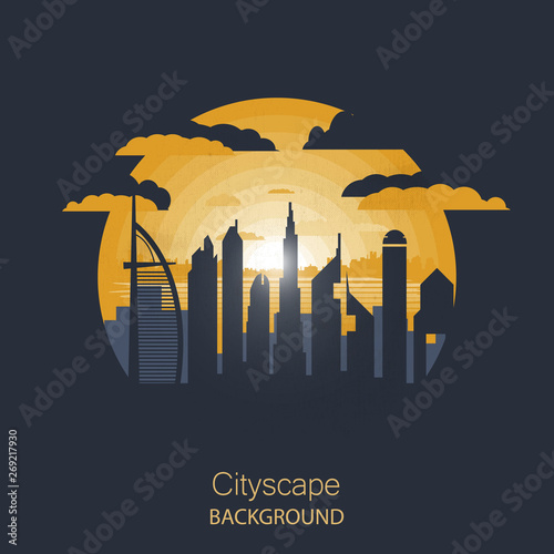 Cityscape vector illustration. Silhouette of Dubai. sunset time cityscape in flat style.