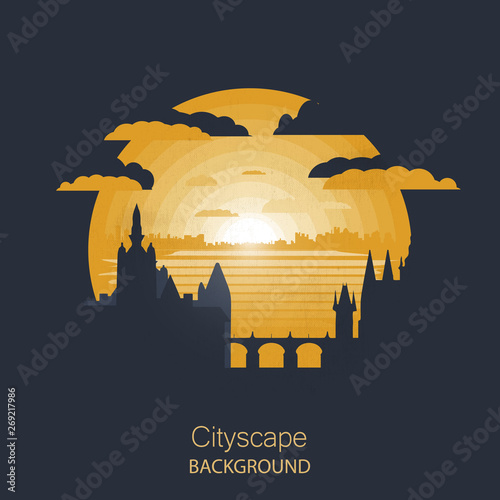 Cityscape vector illustration. Silhouette of Prague.sunset time cityscape in flat style.