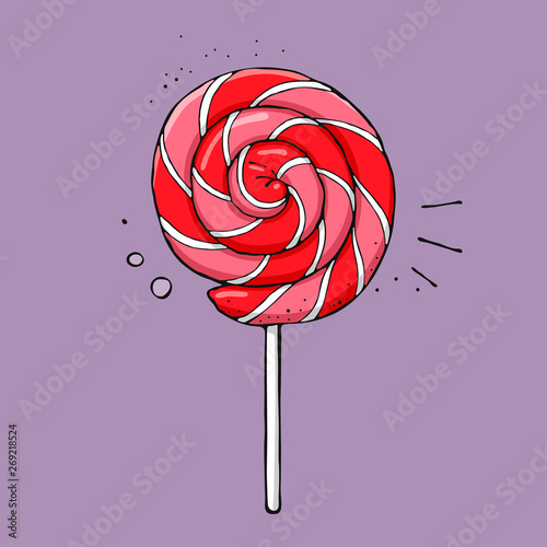 Spiral striped colorful lollipop with outline. Hand drawn illustration.