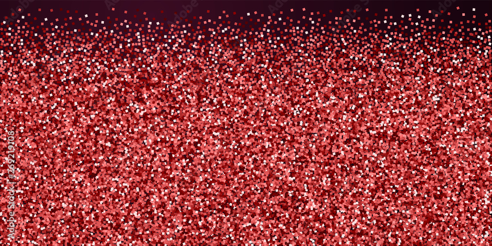 Red gold glitter luxury sparkling confetti. Scattered small gold particles on red maroon background. Brilliant festive overlay template. Positive vector illustration.