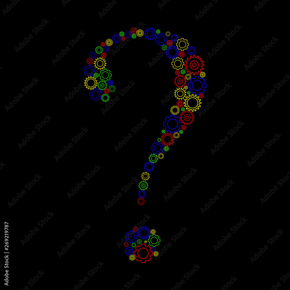 Question mark made up of color gears on dark background Question mark made up of color gears on dark background