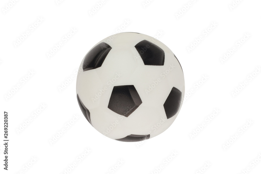 Single new clean small rubber toy in form of soccer ball isolated on white background. Top view. Clipping path Single new clean small rubber toy in form of soccer ball isolated on white background. Top view. Clipping path