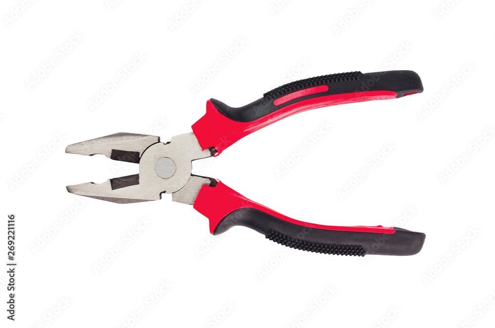 One new metal pliers with rubber handles black and red color isolated on white background. Top view. Repair or building concept