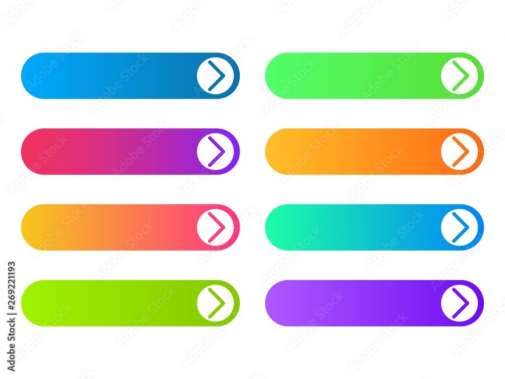 Set of colorful empty web buttons with white arrows. Template design in minimalistic style for web or mobile apps. Set of colorful empty web buttons with white arrows. Template design in minimalistic style for web or mobile apps.