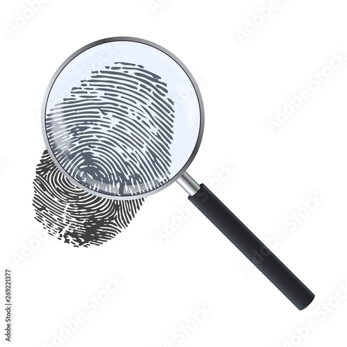 Realistic magnifying glass and fingerprint. Fingerprint under a magnifier. Template design of exploration or detection.