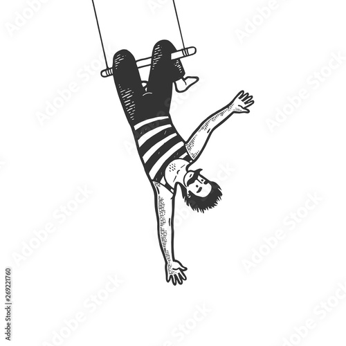 Circus acrobat hanging on trapeze performance sketch line art engraving vector illustration. Scratch board style imitation. Black and white hand drawn image.