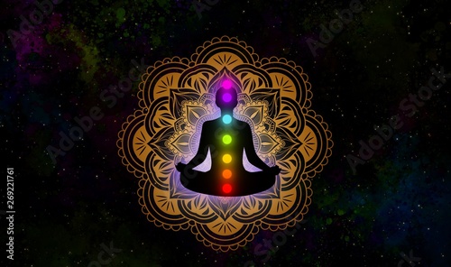 Meditation man with aura and seven chakras on abstract background