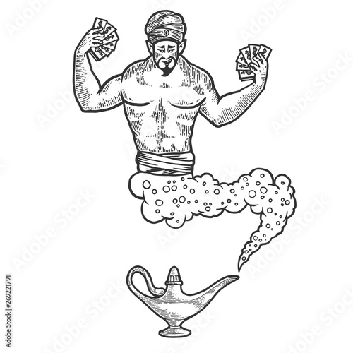 Magical fabulous genie Djinn out of magic lantern with dollars money sketch line art engraving vector illustration. Scratch board style imitation. Black and white hand drawn image.