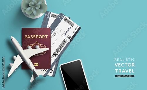 Travel flat lay concept with passports, airline tickets and toy plane. Vector illustration.