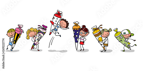 Erster Schultag - First Day of school - Erstklässler mit Schultüten freuen sich über Einschulung handgezeichnet- Querformat Karte Banner