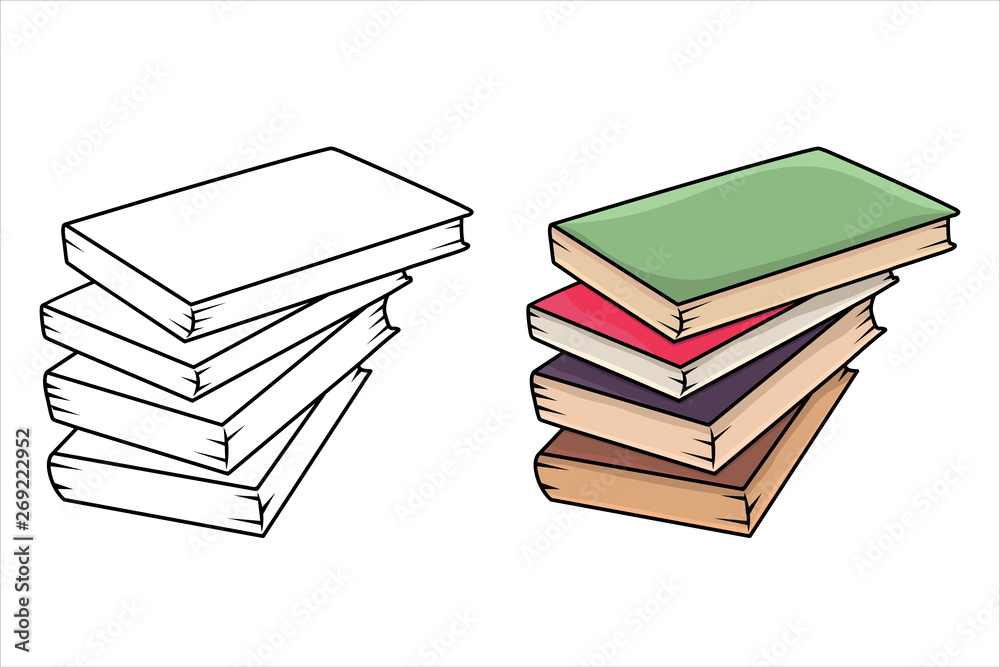 Two images of stack of books in different style black outline path and ...