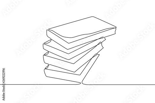 Stack of closed books drawing in style of one line. Black contour picture. Isolated on white background. Self drawing