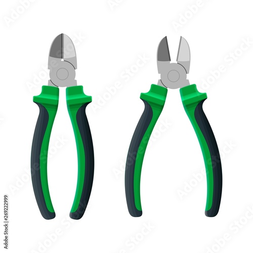 Wire cutters open and close isolated on white background. Builder, construction and repair hand tools with plastic handles. Realistic side cutters vector illustration