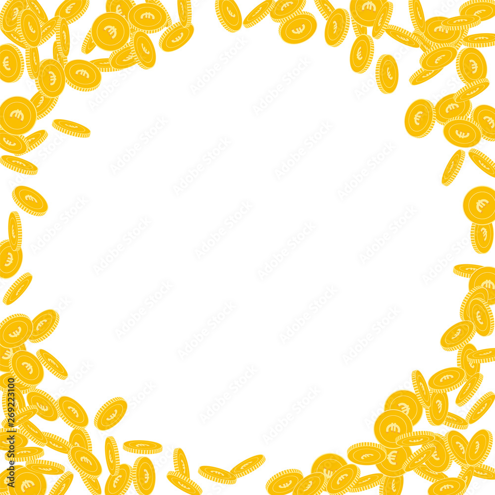 European Union Euro coins falling. Scattered small EUR coins on white background. Unique corner frame vector illustration. Jackpot or success concept.