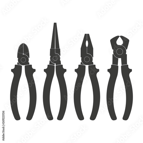 Set of different types of pliers and side cutters icons isolated on white background. Builder, construction and repair hand tools with plastic handles. Pliers icons vector illustration