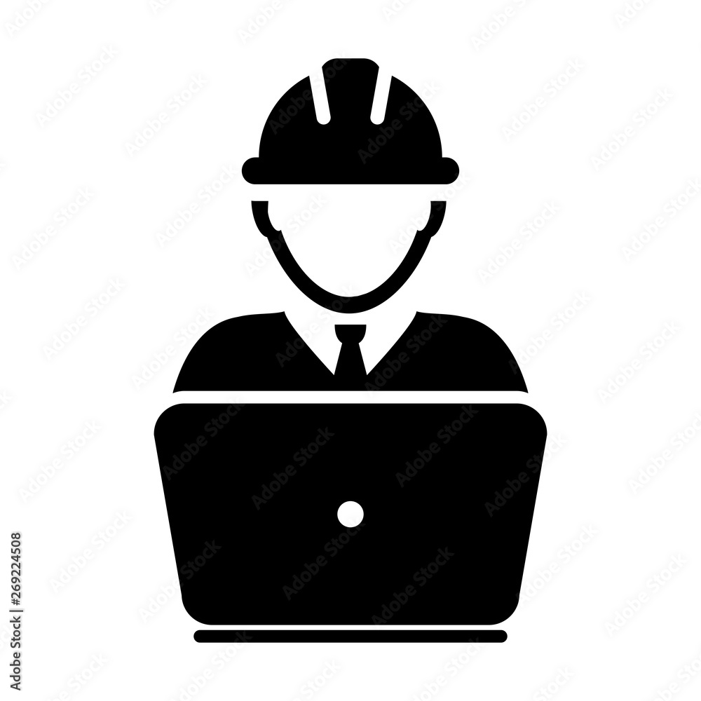 Support worker icon vector male construction service person profile avatar with laptop and hardhat helmet in glyph pictogram illustration