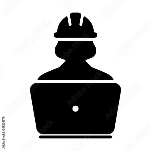 Online Support icon vector female construction service worker person profile avatar with laptop and hardhat helmet in glyph pictogram illustration