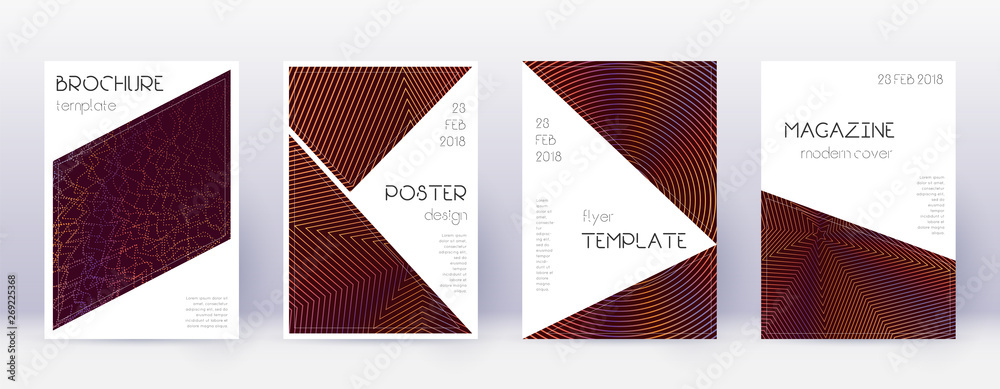Triangle brochure design template set. Orange abstract lines on wine red background. Breathtaking brochure design. Dazzling catalog, poster, book template etc.