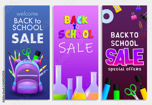 Back to school sale letterings set, backpack, flasks and markers. Offer or sale advertising design. Typed text, calligraphy. For leaflets, brochures, invitations, posters or banners.