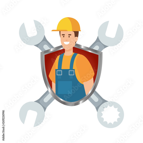 builder worker with helmet and wrenches in shield