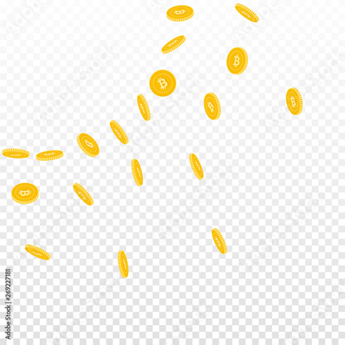 Bitcoin, internet currency coins falling. Scattered sparse BTC coins on transparent background. Dazzling radiant left top corner vector illustration. Jackpot or success concept.