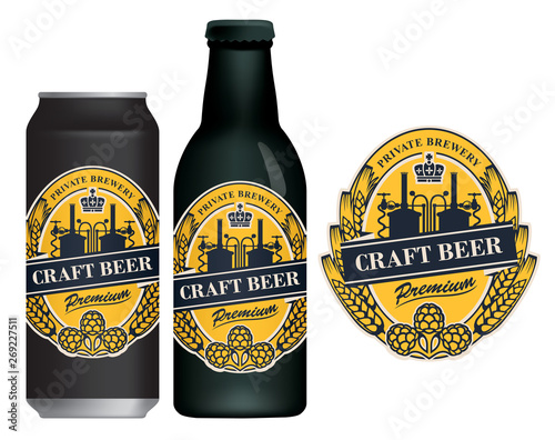 Vector label for craft beer in retro style, decorated by wheat or barley ears, hops, crown and with the image of the brewery in oval frame. Sample beer label on beer can and beer bottle