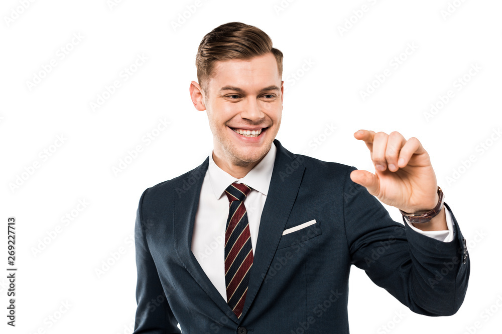 happy businessman gesturing and smiling isolated on while happy businessman gesturing and smiling isolated on while