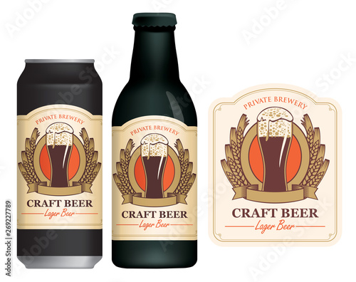 Vector label for craft beer with a overflowing glass of frothy beer, coat of arms, ears of wheat and ribbon in figured frame in retro style. Sample beer label on beer can and beer bottle