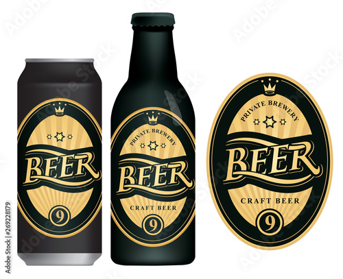 Vector label for craft beer in retro style, decorated by crown and stars in oval frame with golden rays. Sample beer label on beer can and beer bottle
